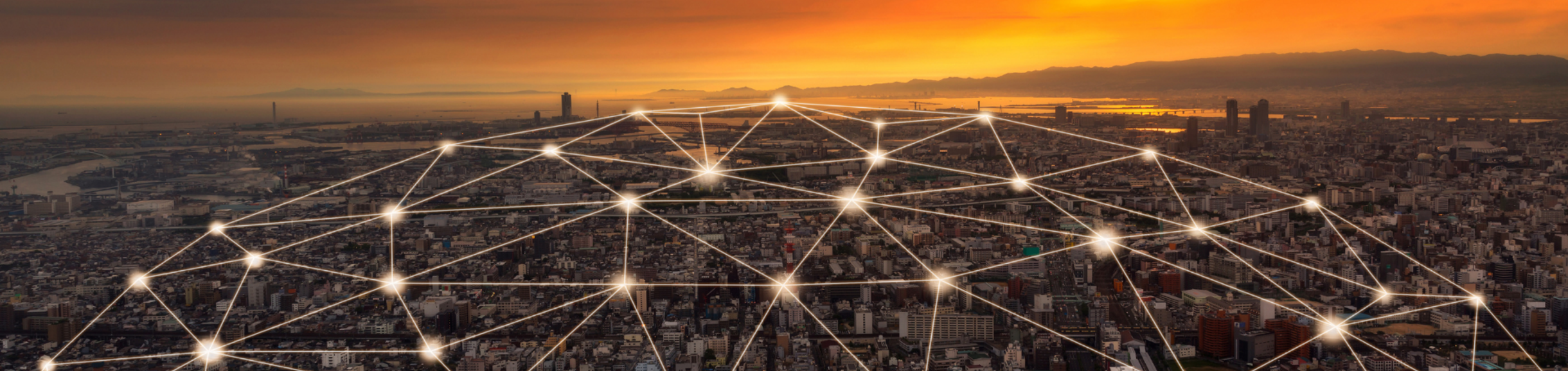 Yellow neuron-like branches over a cityscape during a sunset